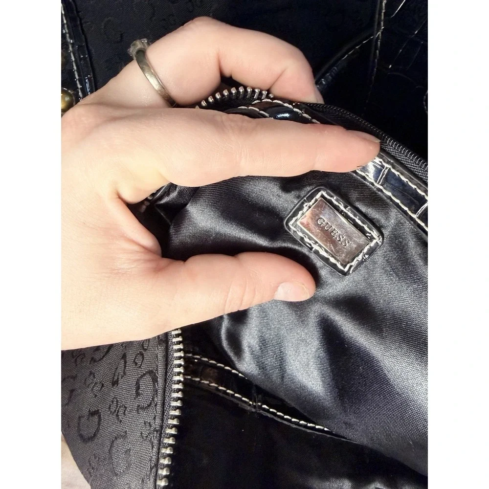 Y2K Guess‎ Black Shoulder Bag Buckle Studded Patent Canvas Chic Glam Designer